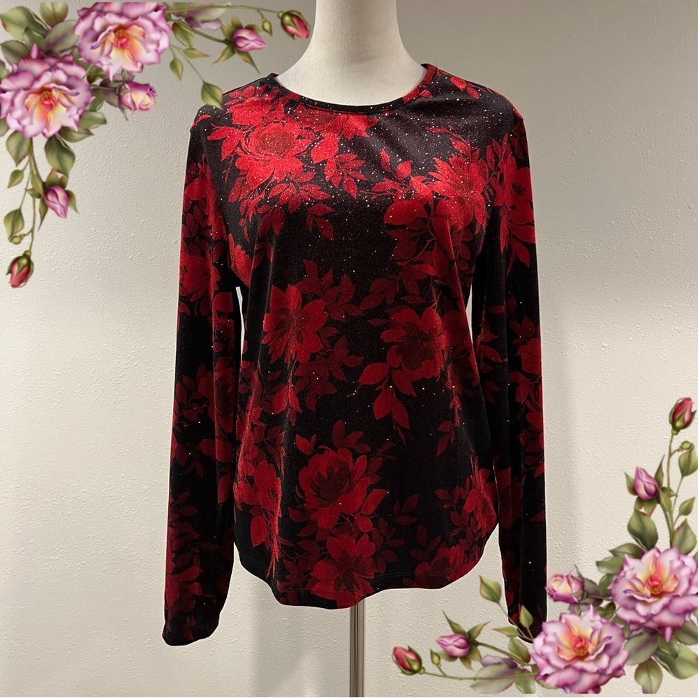 White Stag vintage Floral Red and Black long sleeve Top size large